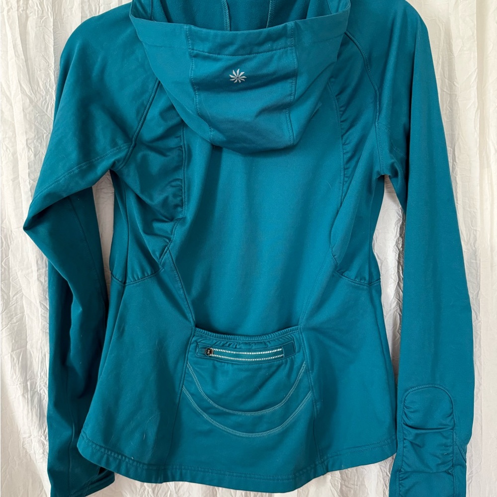 Athleta Hooded Zip Jacket Small Teal Thumbholes Pockets Athletic, Running, Yoga